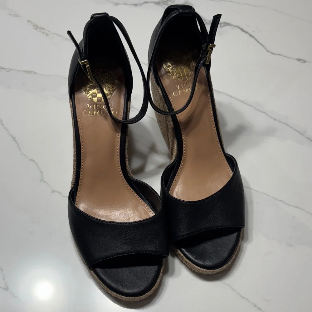 Vince Black Leather Wedge Espadrilles